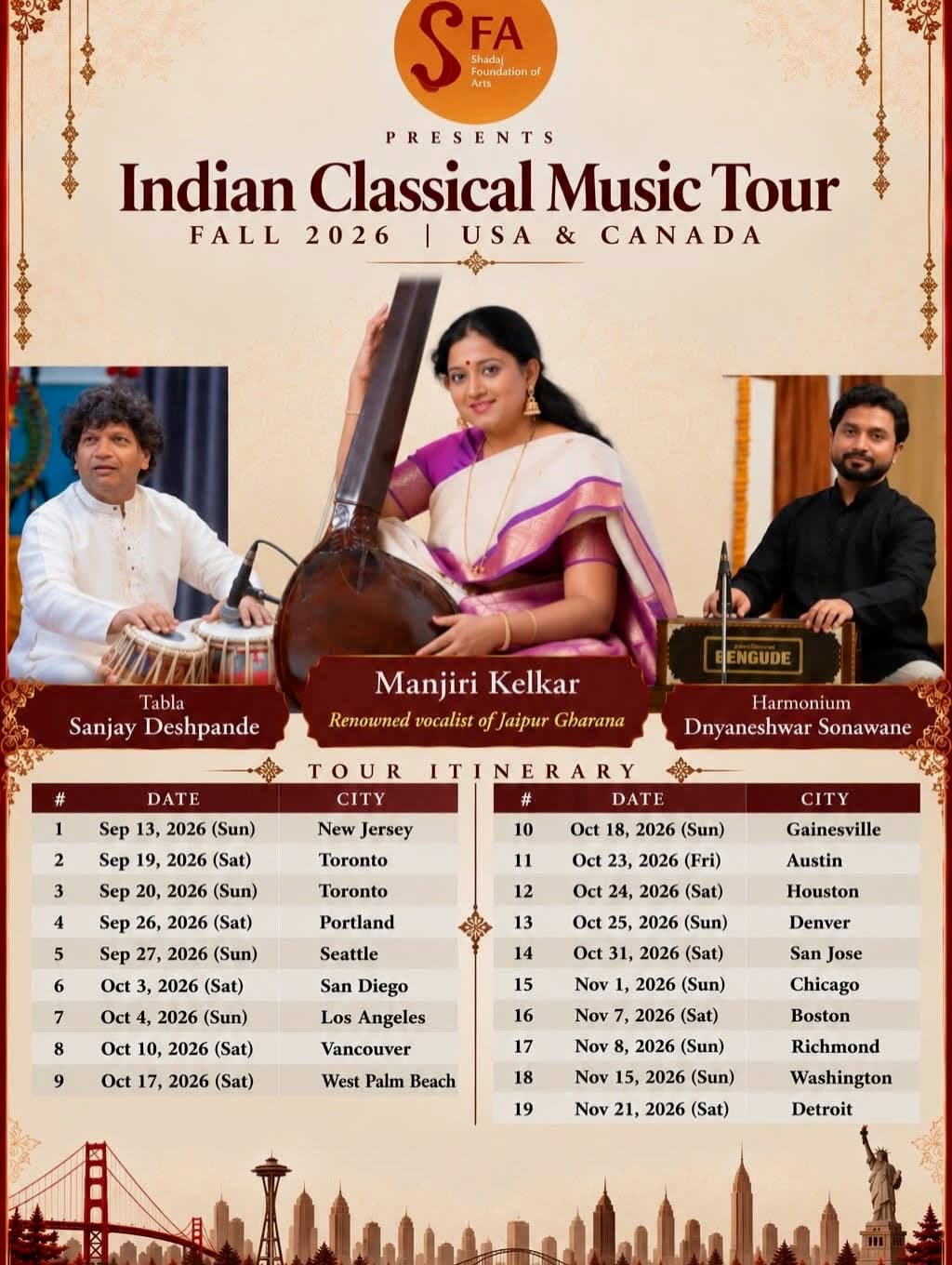 Shadaj Foundation of Arts presents Indian Classical Music Tour, Fall 2026 USA & Canada, featuring vocalist Manjiri Kelkar